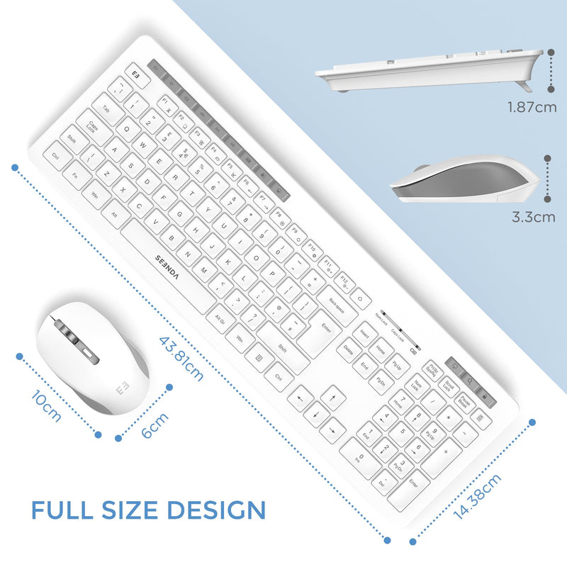 Wireless Keyboard and Mouse Set, 2.4GHz USB Keyboard Mouse, Full Size QWERTY UK Keyboard with 14 Multimedia Shortcut Keys and Ergonomic Tilt Stands for Windows PC Laptop Computer Desktop, White