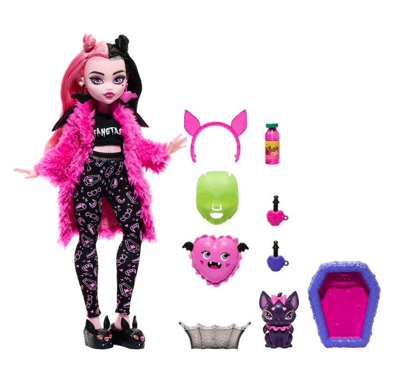 Monster High Doll and Sleepover Accessories, Draculaura Doll Pet Bat Count Fabulous, Creepover Party, HKY66