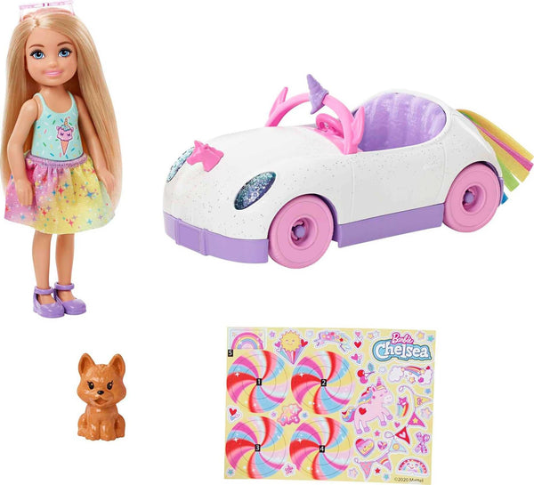 Barbie Club Chelsea Doll (6-Inch Blonde) with Open-Top Rainbow Unicorn-Themed Car, Pet Puppy, Sticker Sheet & Accessories, Gift for 3 to 7+ - GXT41