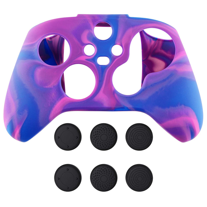 PlayVital Tri-Color Pink & Purple & Blue Camouflage Anti-Slip Silicone Cover Skin for Xbox Series X Controller, Soft Rubber Case Protector for Xbox Series S Controller with Black Thumb Grip Caps