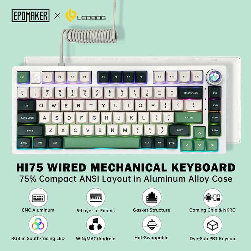 EPOMAKER x LEOBOG Hi75 Aluminum Alloy Wired Mechanical Keyboard, Programmable Gasket-mounted Gaming Keyboard with Mode-Switching Knob, Hot Swappable, NKRO, RGB (White Green, Juggle V2 Switch)
