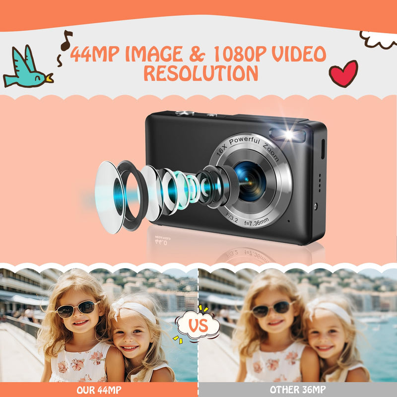 Digital Camera, FHD 1080P 44MP Digital Cameras Compact, 2.4"" LCD Rechargeable Digital Cameras, Vlogging Camera with 16X Digital Zoom for Kids, Adult, Teenagers, Girls, Boys（Black）