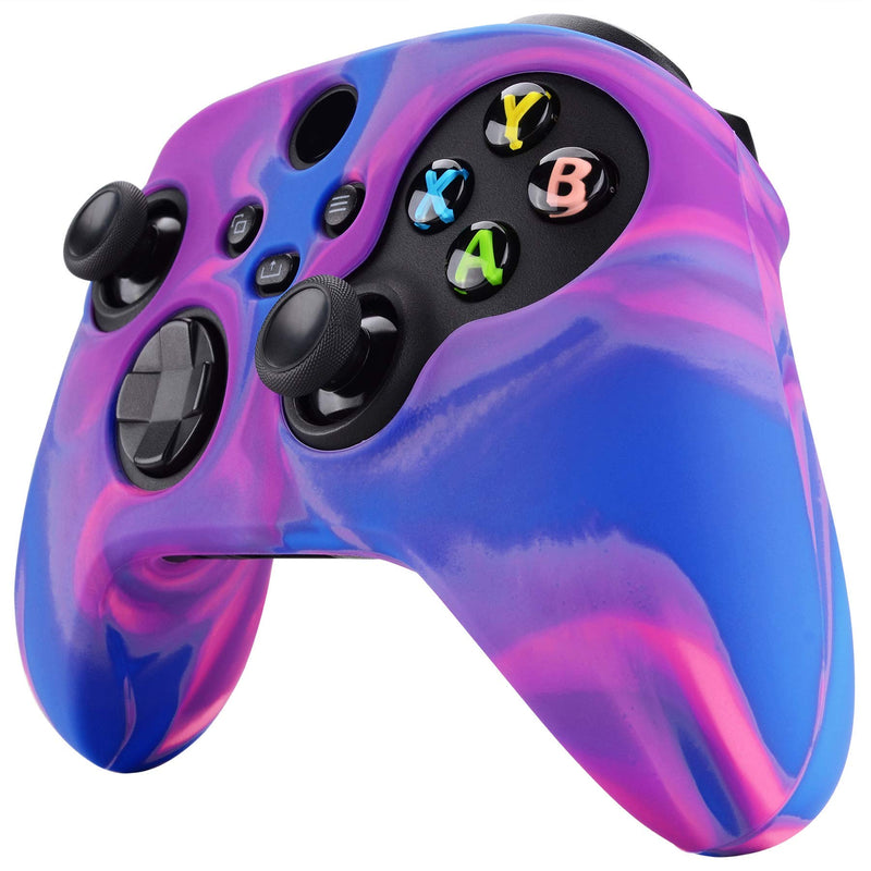 PlayVital Tri-Color Pink & Purple & Blue Camouflage Anti-Slip Silicone Cover Skin for Xbox Series X Controller, Soft Rubber Case Protector for Xbox Series S Controller with Black Thumb Grip Caps