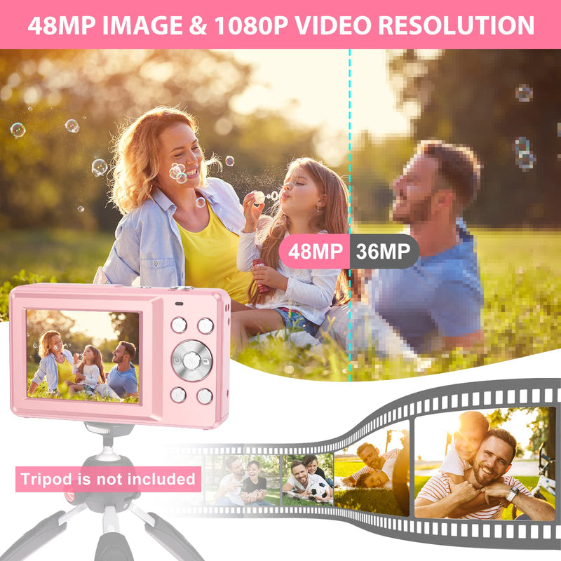 Digital Camera 1080P Kids Camera 44MP HD Compact Digital Camera Photo Camera Digital Camera Cheap with 2.4" Screen 16X Digital Zoom and 1 Battery for Girls, Boys, Beginner-Pink (No Card)