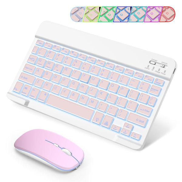 Portable Bluetooth Keyboard and Mouse with Backlight, SOPPY Rechargeable Mini Keyboard, Wireless Keyboard for iPad/Samsung Tab/Lenovo Tab/iOS/Android/Windows, UK Layout (Pink)