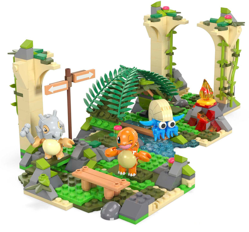 MEGA Pokémon Jungle Ruins building set, Cubone, Charmander and Omanyte figures, 464 compatible bricks and pieces connect with other worlds, toy gift set for boys and girls, ages 7 and up, HDL86