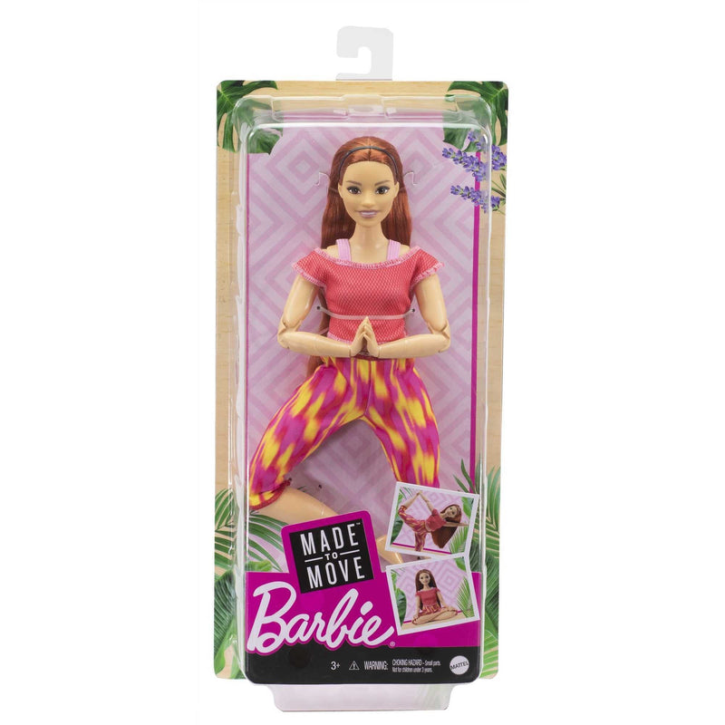 Barbie Made to Move Doll, Curvy, with 22 Flexible Joints & Long Straight Red Hair Wearing Athleisure-wear for Kids 3 to 7 Years Old,Pink,red,yellow