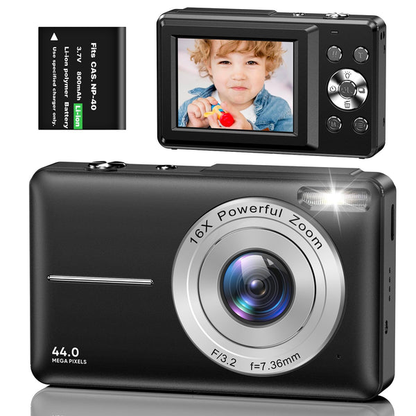 Digital Camera, 1080P FHD 44MP Kids Digital Camera (No memory card), Rechargeable Compact Camera with 16X Digital Zoom Camera for Kids, Boys Girls, Adult,Teenagers, Students, Beginners (Black)