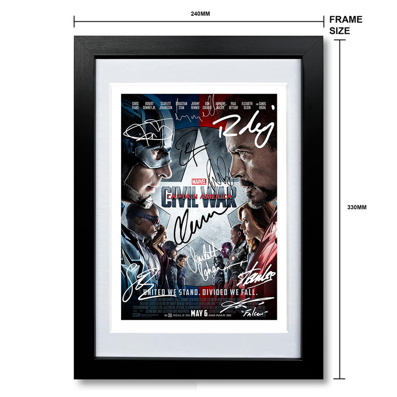 Captain America Civil War Cast Signed Movie Poster Autograph A4 Photo Print Framed Memorabilia Gift 2016 Marvel Film (BLACK FRAMED & MOUNTED)