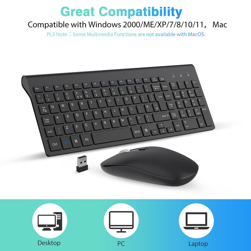 Wireless Keyboard Mouse Combo, cimetech 2.4G Ultra-Thin Keyboard and Mouse Set with Sleek Ergonomic Silent Design & Stable Connection for Windows PC Laptop Computer (QWERTY UK Layout, Dark Black)