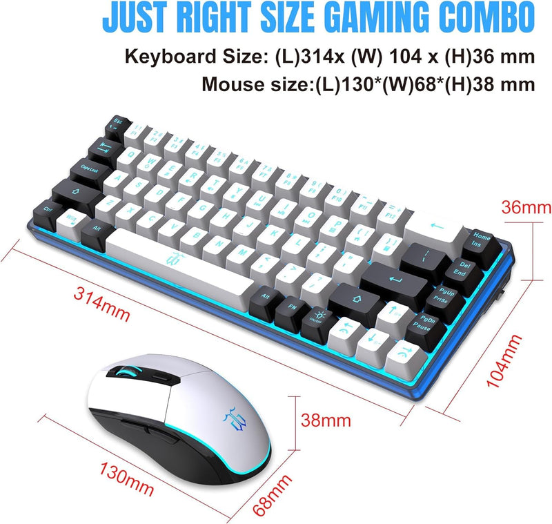 Snpurdiri 60% Wireless Gaming Keyboard and Mouse Combo,Ice Blue Backlit Rechargeable 2000mAh Battery,Mini Mechanical Feel Anti-ghosting Keyboard + 6D 3200DPI Mouse for Gaming, Office(White-Black)