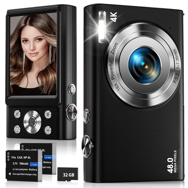 Digital Camera, 4K Autofocus Compact Camera with 32G SD Card HD 48MP with 2.8" Large Screen, 16X Digital Zoom, Portable Mini Camera for Photography, Vlogging Camera for Kids,Adult,Beginners