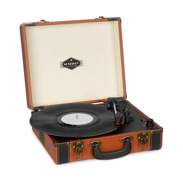 auna Jerry Lee - Record player, Vinyl Player, Turntable with Belt Drive, Stereo Speakers, USB Port, 3 Speeds, 33/45/78 RPM, 3 Record Sizes, Retro Design, Carrying Handle, Light Brown