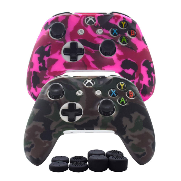 Hikfly Silicone Controller Cover Skin Grips for Xbox One/Xbox One X/Xbox One S Controller Protector Case Faceplates Kits Video Games(2x Camouflage Cover with 8 x Thumb Grips Caps)(Grey,Peach)