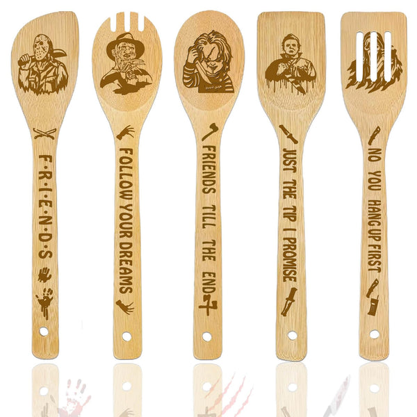 Horror Movie Gifts Merchandise Wooden Spoons for Cooking, Bamboo Kitchen Utensils Set 5 Pack for Movie Fans Gifts Women Mom Kitchens Accessories Holiday Decor Horror Party Halloween Decorations