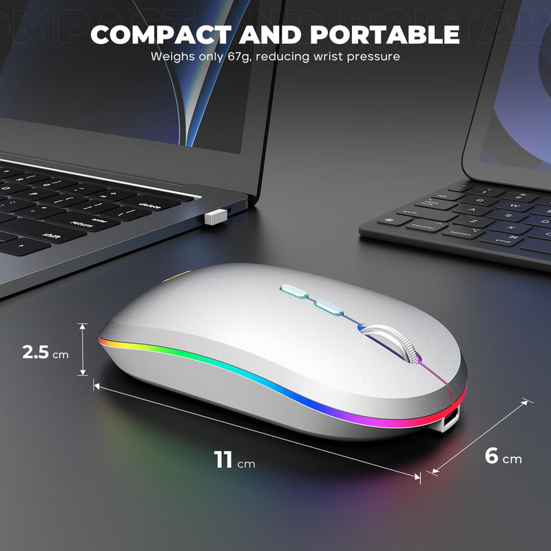 RIIKUNTEK Wireless Mouse for Laptop, 2.4G & Bluetooth Mouse Rechargeable with RGB Light, Silent Computer Mouse with Type-C Charging for PC, Laptop, iPad, Tablet, Silver