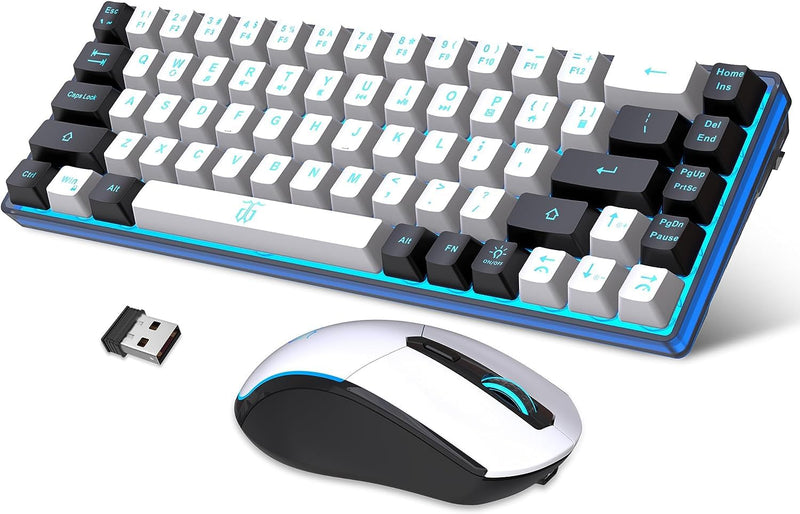 Snpurdiri 60% Wireless Gaming Keyboard and Mouse Combo,Ice Blue Backlit Rechargeable 2000mAh Battery,Mini Mechanical Feel Anti-ghosting Keyboard + 6D 3200DPI Mouse for Gaming, Office(White-Black)
