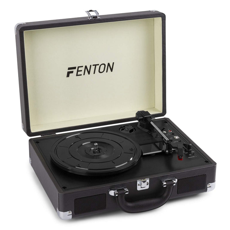 FENTON Portable Bluetooth Suitcase LP Record Player with Built in Speakers -BLACK Briefcase Turntable - Convert vinyl to MP3-3 Speed