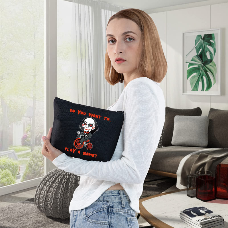 WZMPA Saw Horror Movie Cosmetic Makeup Bag Jigsaw Killer Fans Gift Do You Want to Play a Game Movie Makeup Zipper Pouch Bag for Friend Family, Play a Game