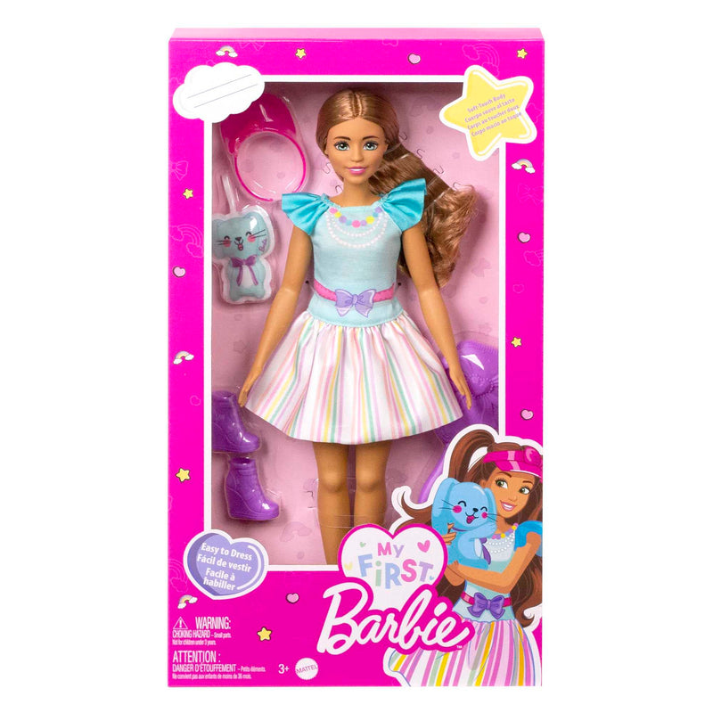 Barbie Doll for Preschoolers, My First Teresa Doll, 13.5-inch doll, Brunette, Kids Toys and Gifts, Plush Bunny, Accessories, Soft Poseable Body, from 3 Years, HLL21