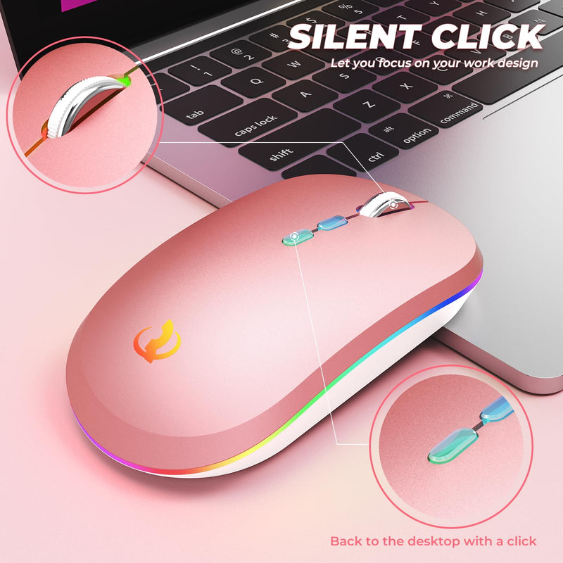 RIIKUNTEK Wireless Mouse for Laptop, 2.4G & Bluetooth Mouse Rechargeable with RGB Light, Silent Computer Mouse with Type-C Charging for PC, Laptop, iPad, Tablet, Pink