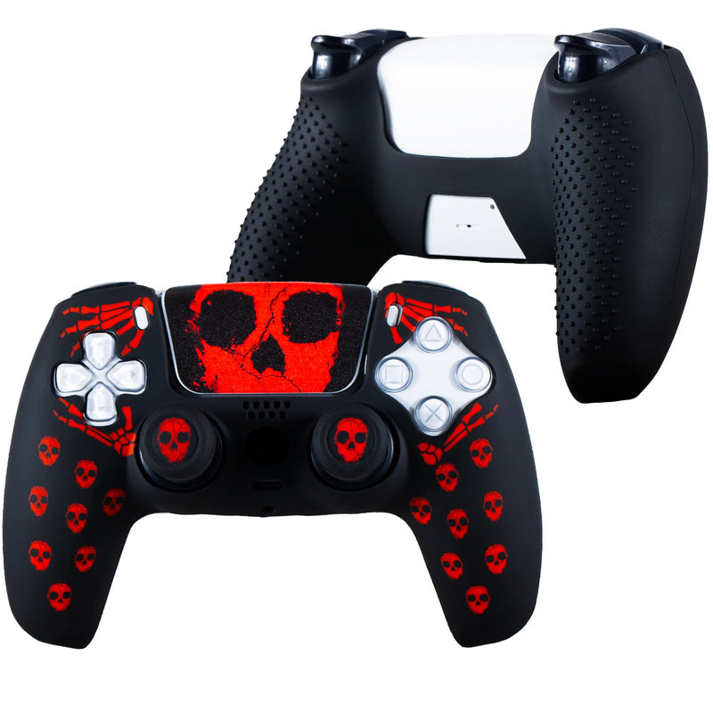 PlayRealm Silicone Skin Cover& Sticler x 1 & No Falling off Thumbstick x 2 for PS5 Controller (Ghost Red)