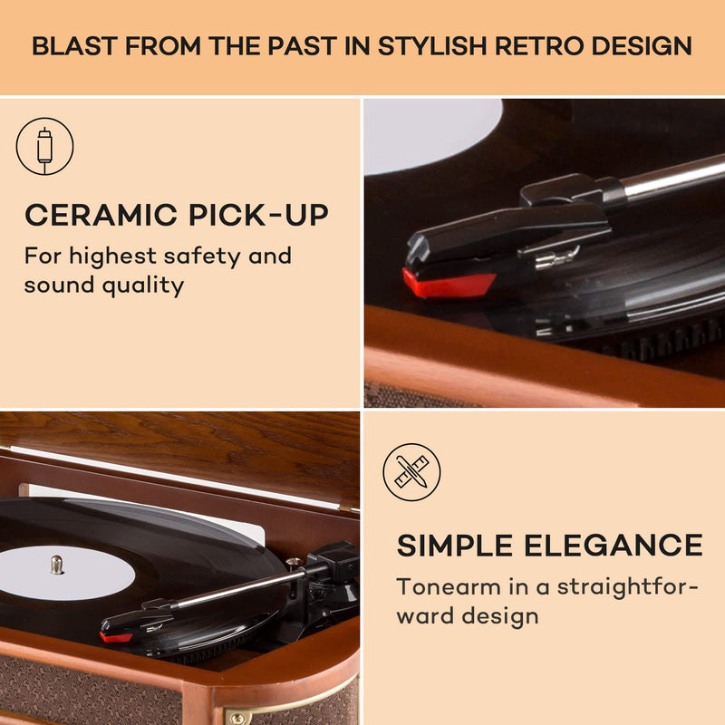 AUNA Belle Epoque 1908 - Retro Record Player, Vinyl Player with Stereo, Turntable, Belt Drive, Stereo Speakers, Radio Tuner, VHF Receiver, USB Slot, CD Player, Cassette Deck, Bluetooth, Brown