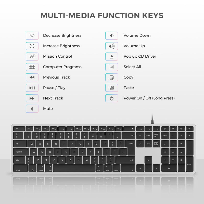 Seenda Wired Keyboard for Mac OS, Full-Size, Slim & Quiet, with Numeric Pad & 2-in-1 USB A/Type C Connector, Ideal for Home & Office - UK Qwerty Layout, Black and Dark Grey
