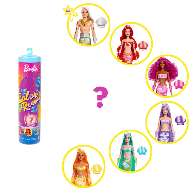 Barbie Color Reveal Doll, Mermaid Toy with 7 Surprises, Color Change and Accessories, Rainbow Mermaid Series, HCC46
