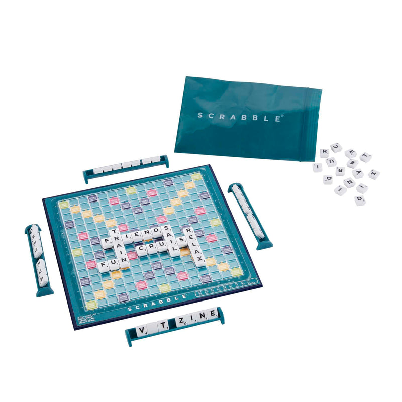 Mattel Games Scrabble Travel Game, Portable and Compact, 2-4 Players, Includes Playing Board, 4 Racks, 100 Letter Tiles, a Tile Bag, and Rules, 10Y+, CJT11(Packaging May Vary)