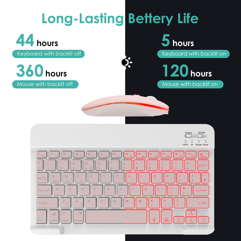 LAMA 7 Colors Backlit Wireless Keyboard and Mouse, Rechargeable Ultra Slim Universal Tablet Keyboard, Portable Bluetooth Keyboard for iPad/Tablet/iOS/Android/Windows/Laptop/Desktop Computer/Phone, PK