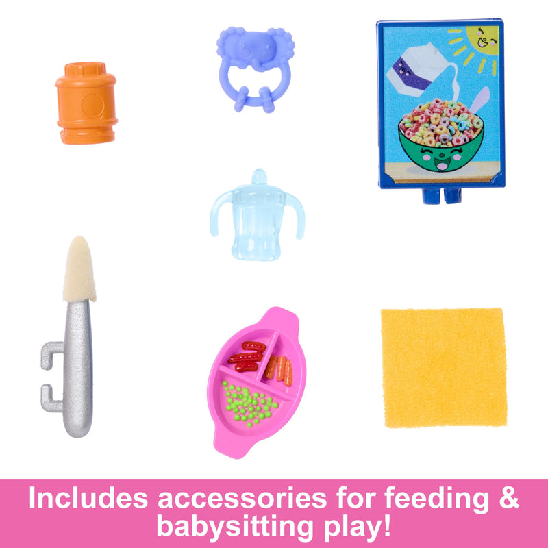 Barbie Skipper Doll & Playset with Accessories, Babysitting Set Themed to Mealtime, Color-change Toy Play, HTK35