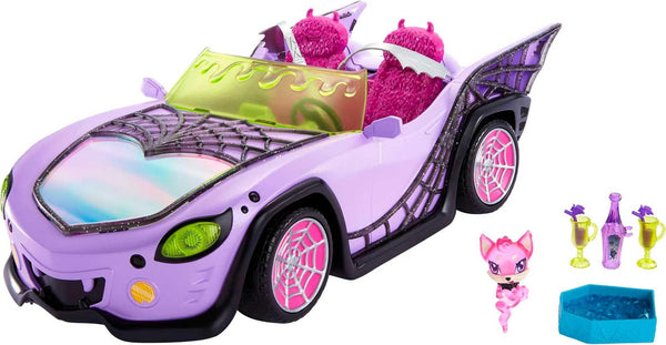 Monster High Toy Car, Ghoul Mobile with Pet and Cooler Accessories, Purple Convertible with Spiderweb Details, HHK63