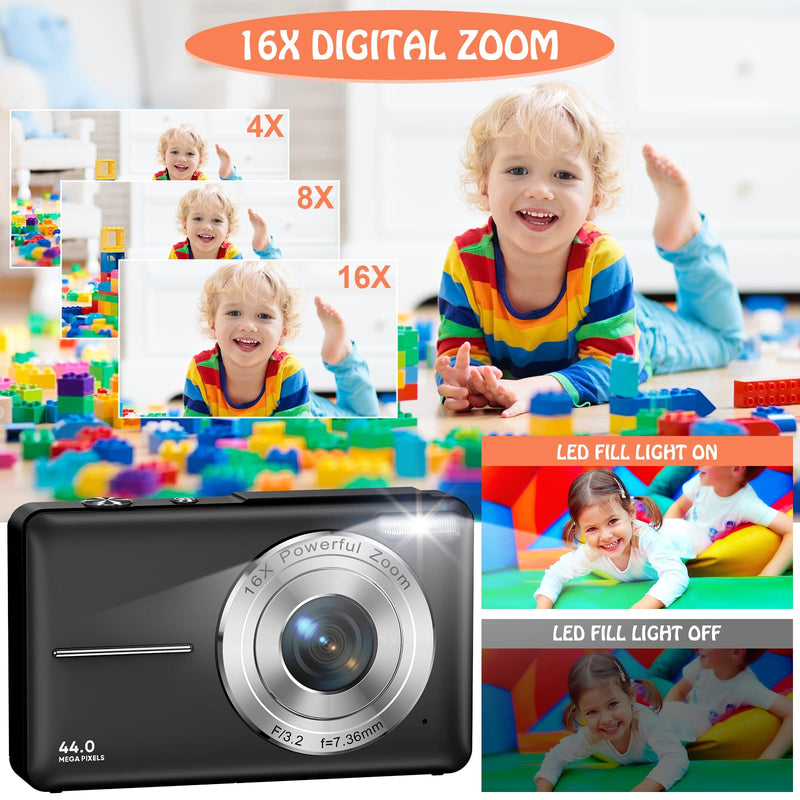 Digital Camera, FHD 1080P 44MP Digital Cameras Compact, 2.4"" LCD Rechargeable Digital Cameras, Vlogging Camera with 16X Digital Zoom for Kids, Adult, Teenagers, Girls, Boys（Black）