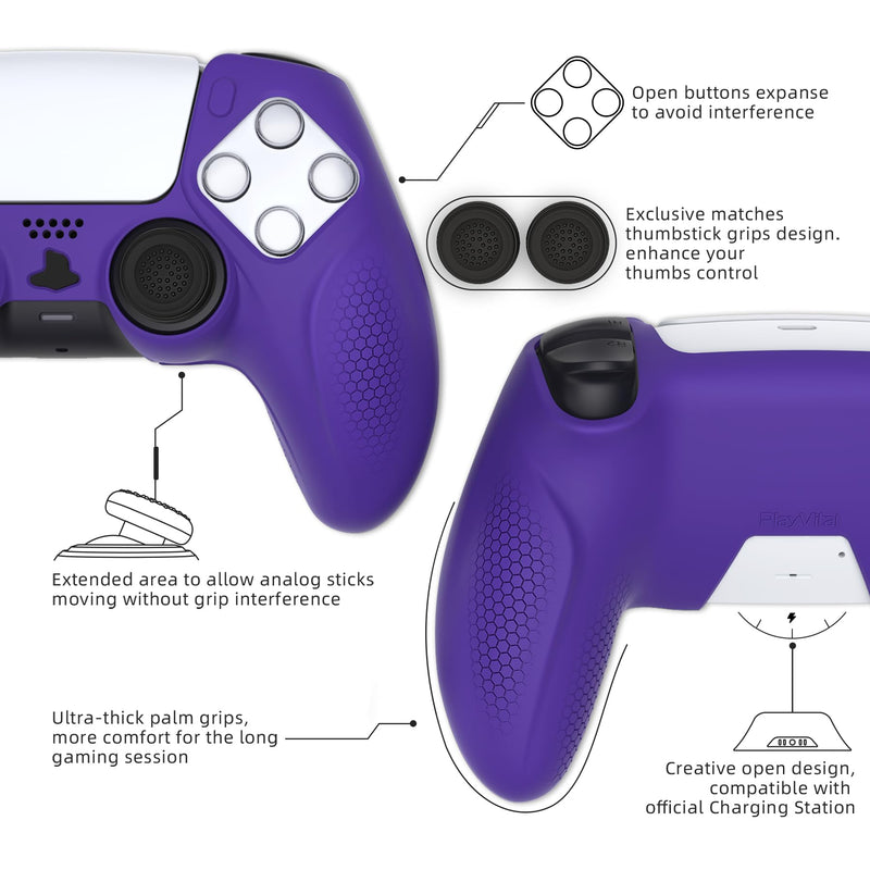 PlayVital Ninja Edition Anti-Slip Silicone Cover Skin for ps5 Wireless Controller, Ergonomic Protector Soft Rubber Case for ps5 Fits with Charging Station with Thumb Grip Caps - Purple