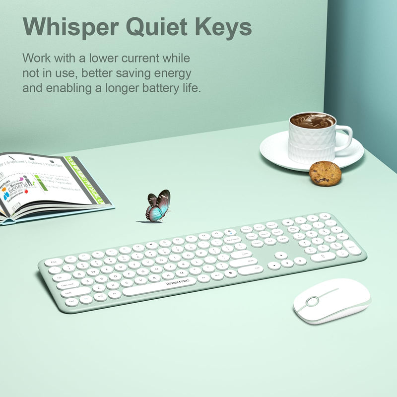 XTREMTEC 2.4G Full Size Wireless Keyboard Mouse Combo - Ultra Slim Silent Cute Computer Keyboard with USB Receiver for Windows, OS, PC, Desktop, Mac, Tablet US Layout（Macaron Green)