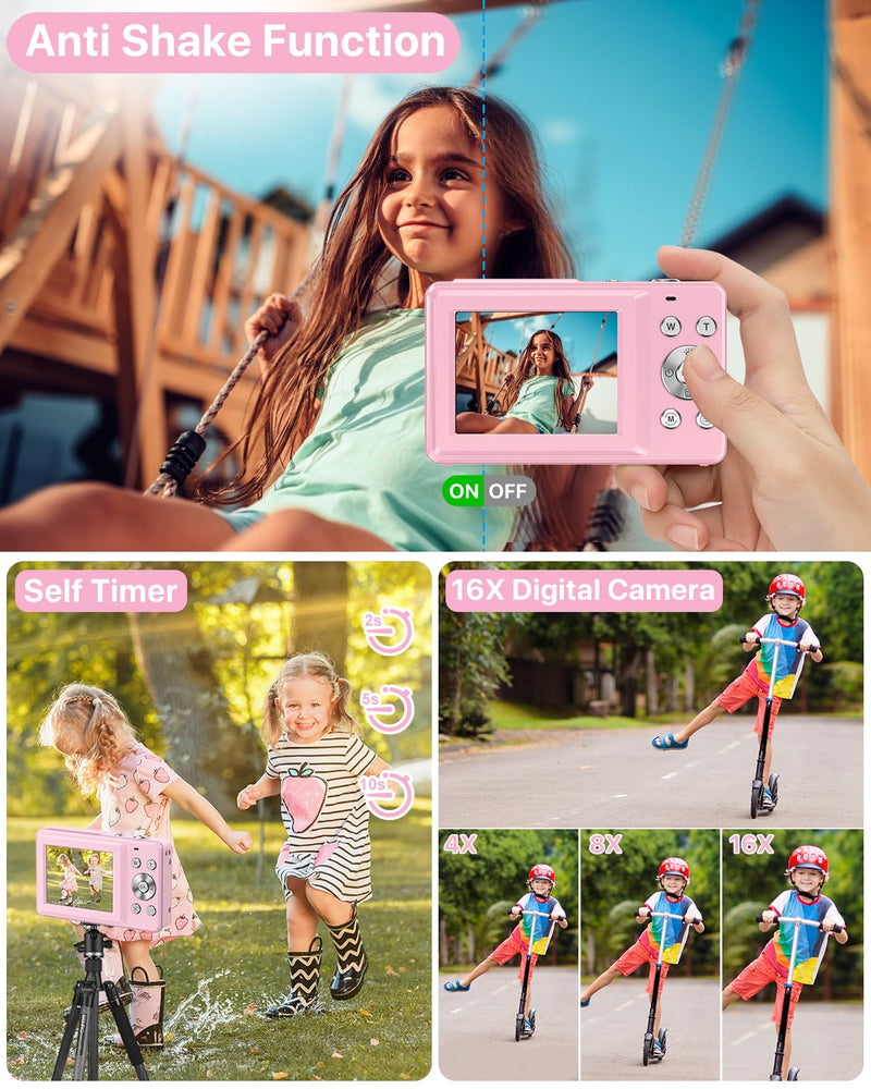 Digital Camera with 32G Card, 1080P Digital Camera Cheap 44MP HD Compact Digital Camera Photo Camera Kids Camera with 2.4" Screen 16X Digital Zoom and 1 Battery for Girls, Boys, Beginner-Pink