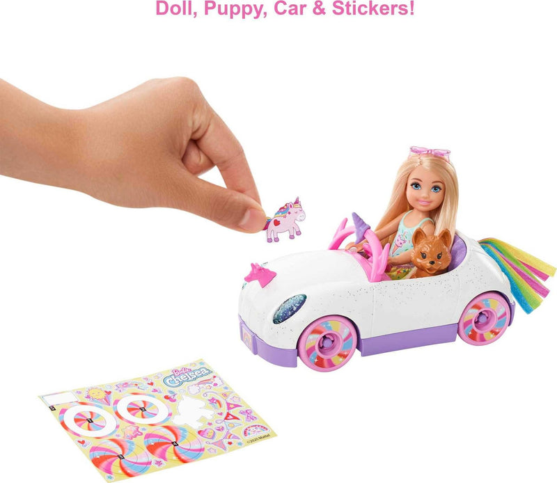 Barbie Club Chelsea Doll (6-Inch Blonde) with Open-Top Rainbow Unicorn-Themed Car, Pet Puppy, Sticker Sheet & Accessories, Gift for 3 to 7+ - GXT41