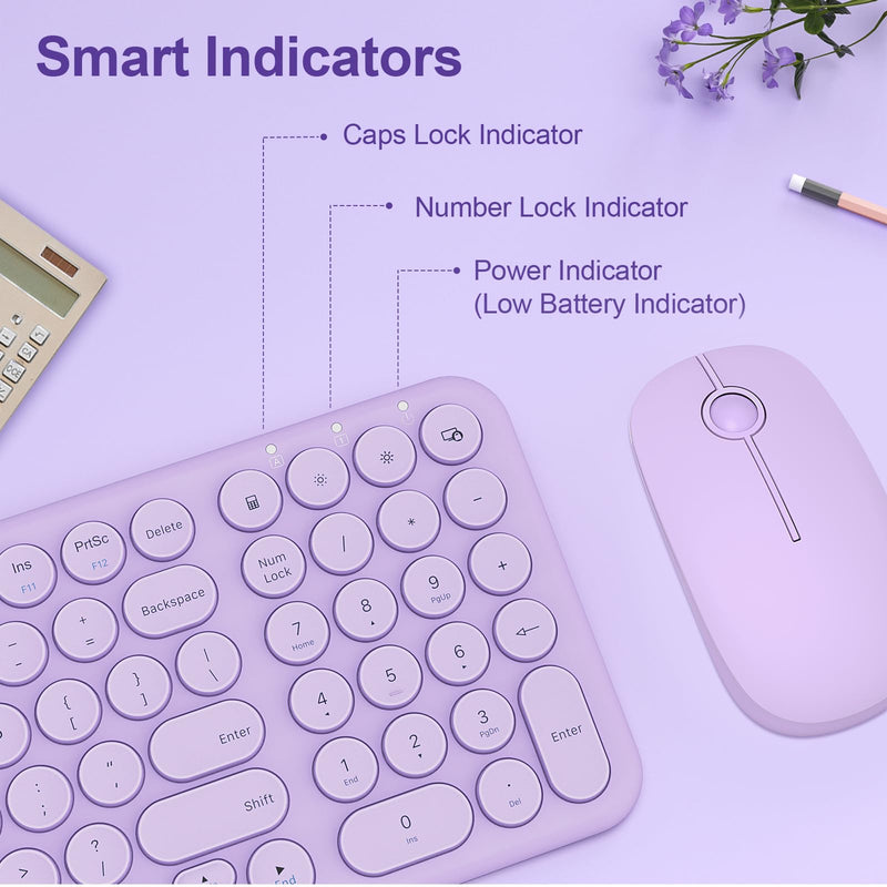 XTREMTEC Wireless Keyboard and Mouse, Compact Size Cute Keyboard Retro Round Keycap - 2.4GHz Ultra-Slim Quiet Aesthetic Keyboard for Laptop iMac Windows Computer (Lavender Purple)