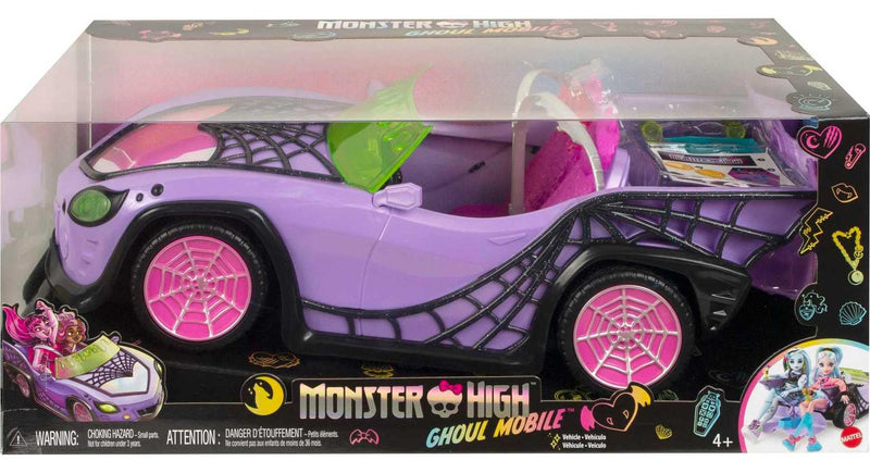 Monster High Toy Car, Ghoul Mobile with Pet and Cooler Accessories, Purple Convertible with Spiderweb Details, HHK63