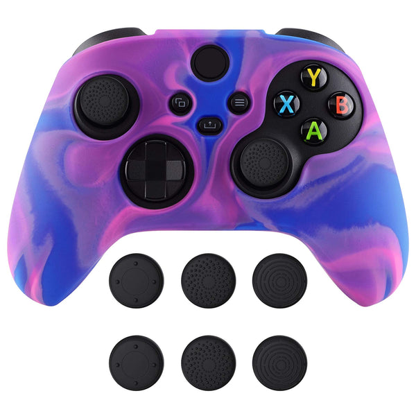 PlayVital Tri-Color Pink & Purple & Blue Camouflage Anti-Slip Silicone Cover Skin for Xbox Series X Controller, Soft Rubber Case Protector for Xbox Series S Controller with Black Thumb Grip Caps