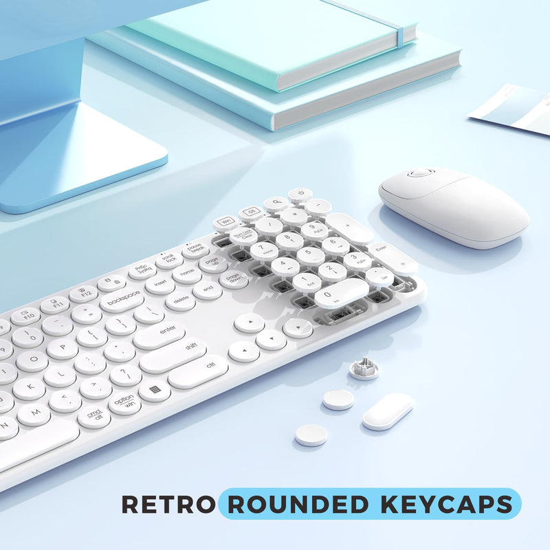 Wireless Keyboard and Mouse Set, USB A and USB C Wireless Keyboard and Mouse, Full Size Retro Round Key Wireless Keyboard Compatible with Apple Mac OS, Windows Computer Laptop PC, White