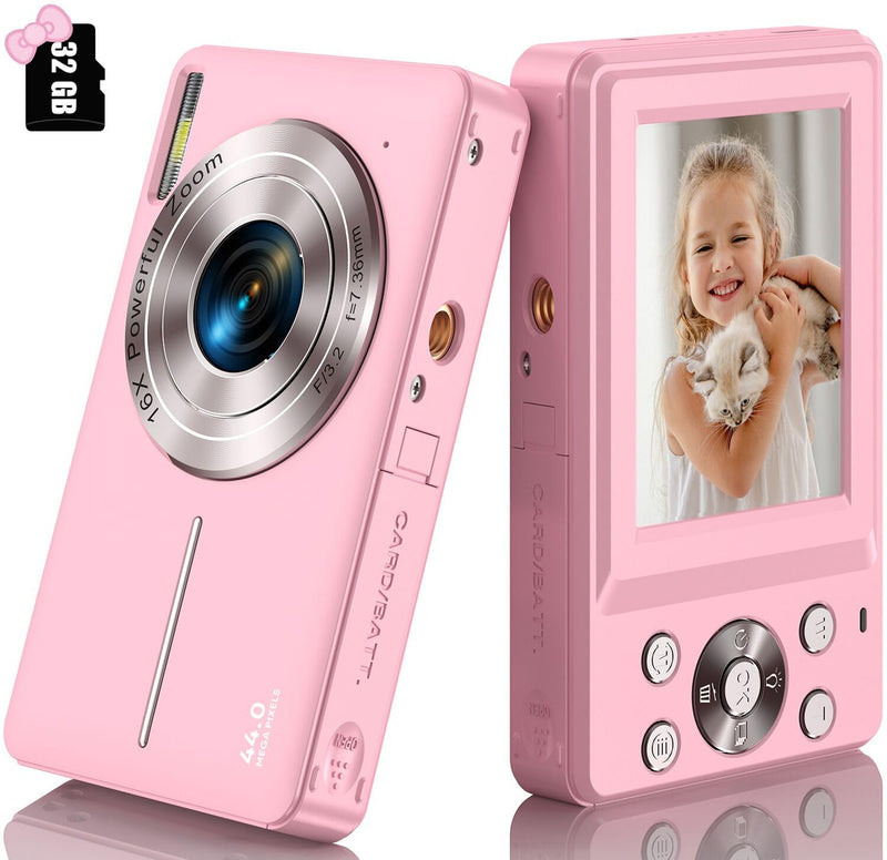 Digital Camera with 32G Card, 1080P Digital Camera Cheap 44MP HD Compact Digital Camera Photo Camera Kids Camera with 2.4" Screen 16X Digital Zoom and 1 Battery for Girls, Boys, Beginner-Pink