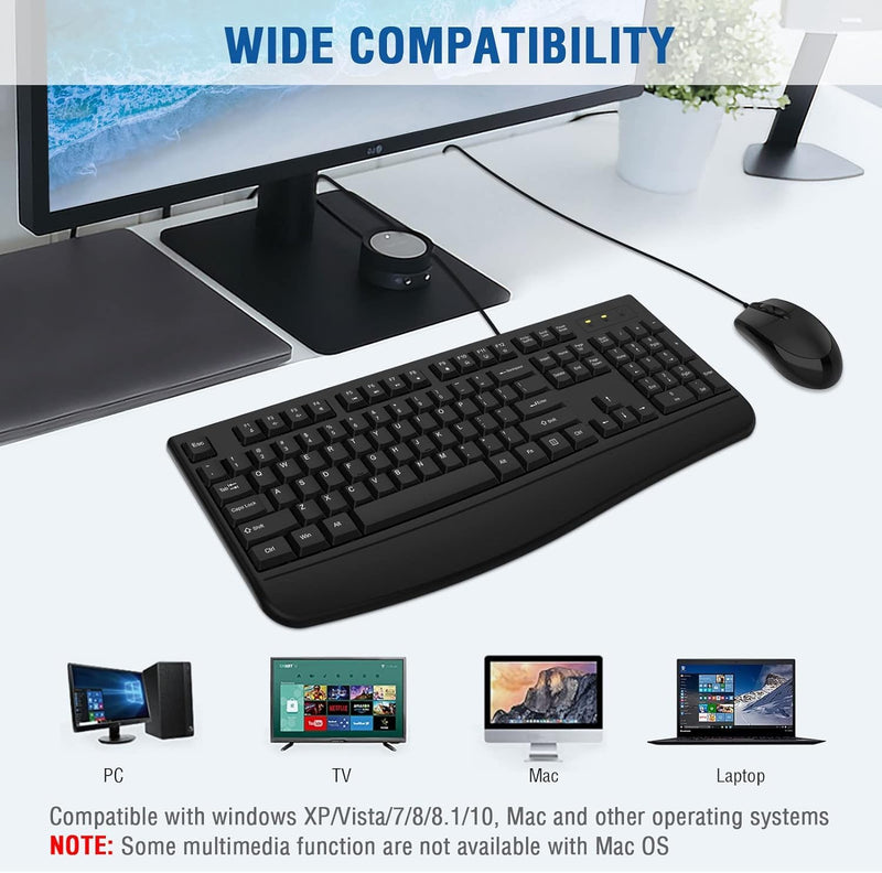 Wired Keyboard and Mouse Set, Dedicated Multimedia Shortcut Keys, Full Size Keyboard with Palm Rest, Comfort Optical Mouse, for Desktop PC, Laptop Computers, UK Layout, Black