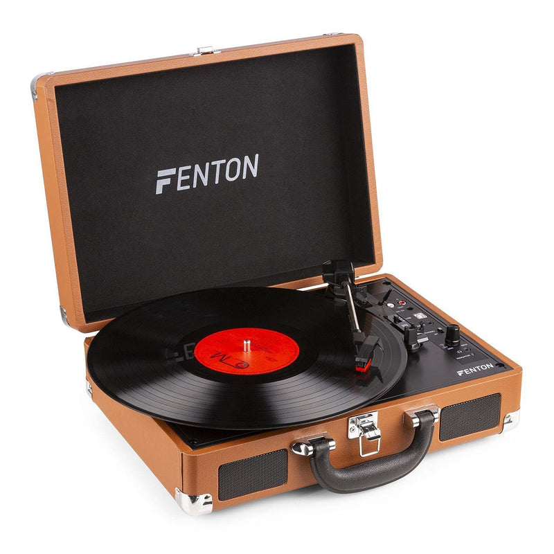 FENTON Portable Bluetooth Suitcase LP Record Player with Built in Speakers - BROWN Briefcase Turntable - Convert vinyl to MP3-3 Speed