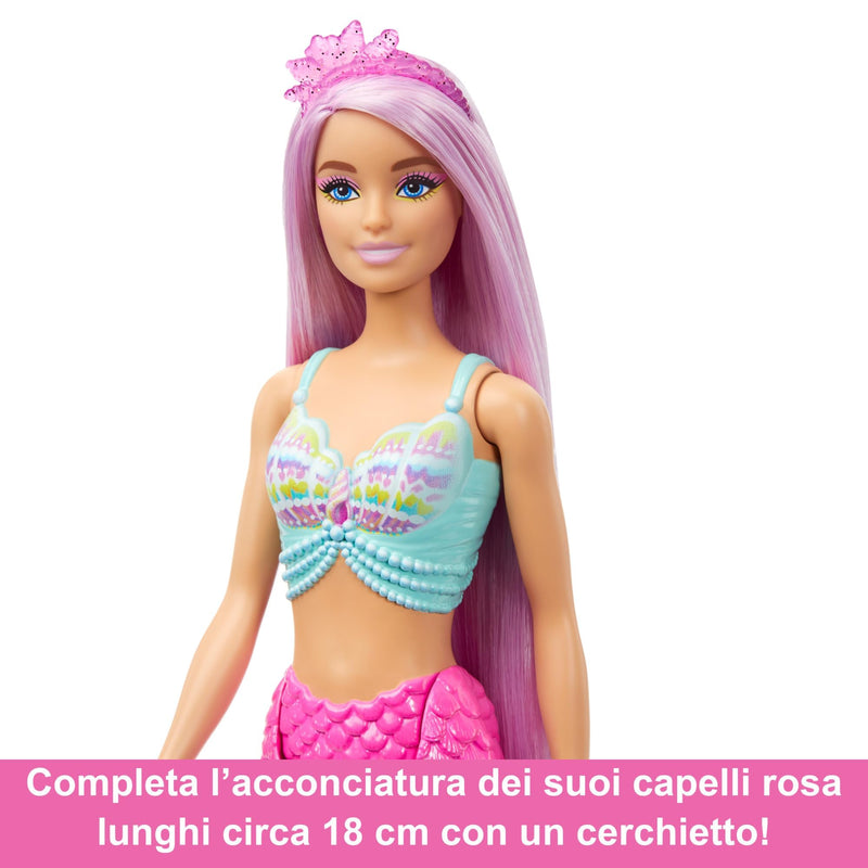 Barbie Mermaid Doll with 7-Inch-Long Pink Fantasy Hair and Colorful Accessories for Styling Play like Headband and Barrettes, HRR00