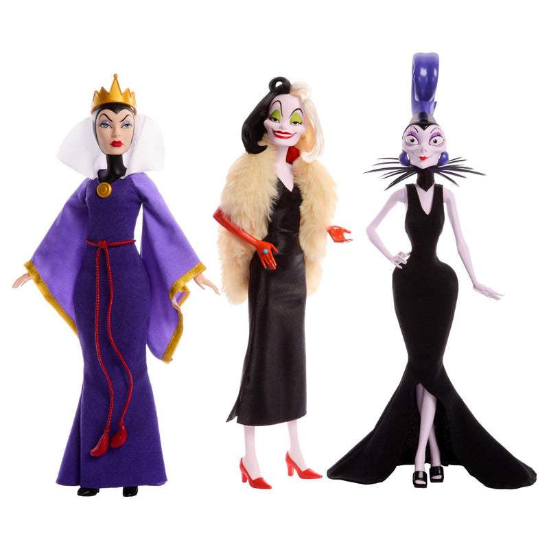 Mattel Disney Villains Evil Queen, Cruella De Vil and Yzma Fashion Dolls, Inspired by Disney Movies, Gifts for Kids and Collectors, HRF56