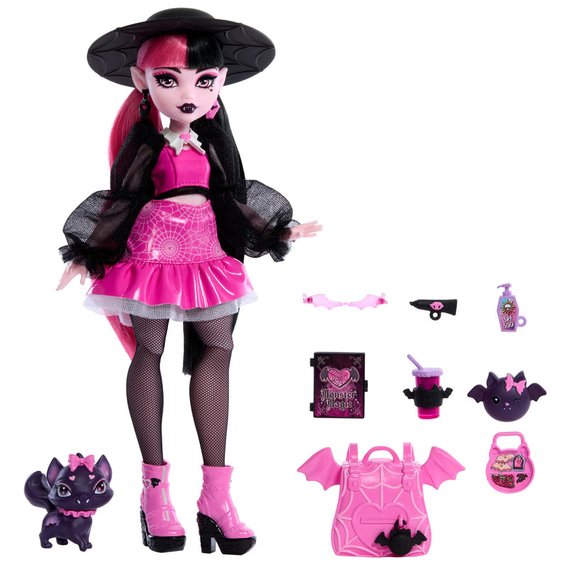 Monster High Draculaura Doll with Pet Bat-Cat Count Fabulous and Accessories like Backpack, Spell Book, Bento Box and More, HRP64