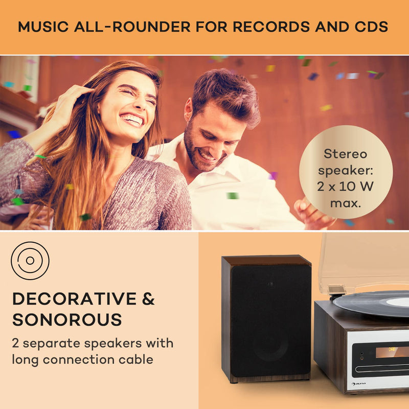 Auna Vinyl Record Player, Bluetooth Vinyl Records Turntable Record Players for Vinyl with Speakers, Home Audio Record Players, Retro Vintage USB & CD Turntable, MP3, AUX, DAB, Speakers Stereo Systems