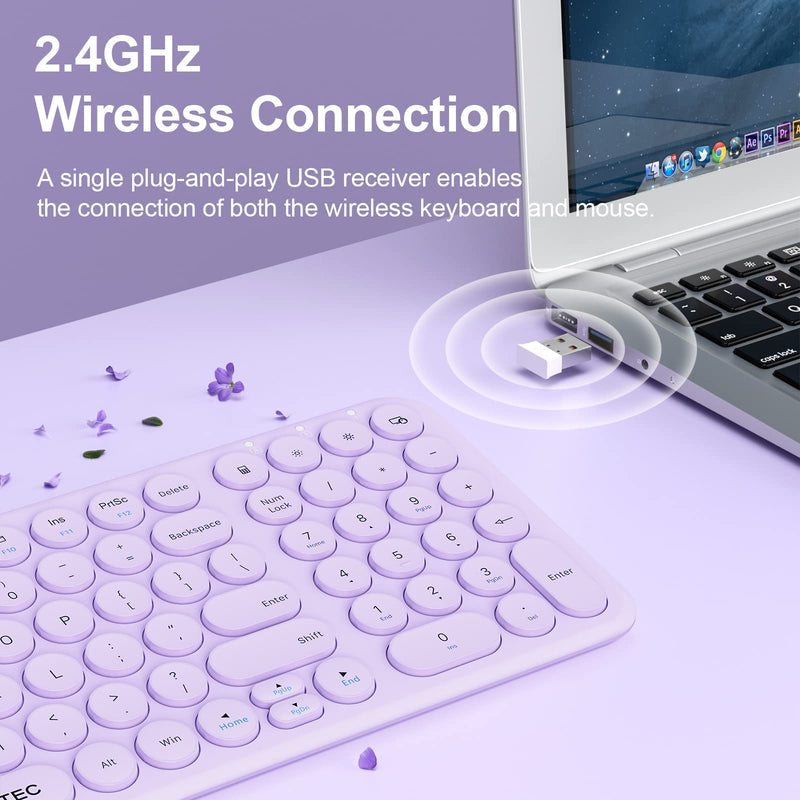 XTREMTEC Wireless Keyboard and Mouse, Compact Size Cute Keyboard Retro Round Keycap - 2.4GHz Ultra-Slim Quiet Aesthetic Keyboard for Laptop iMac Windows Computer (Lavender Purple)